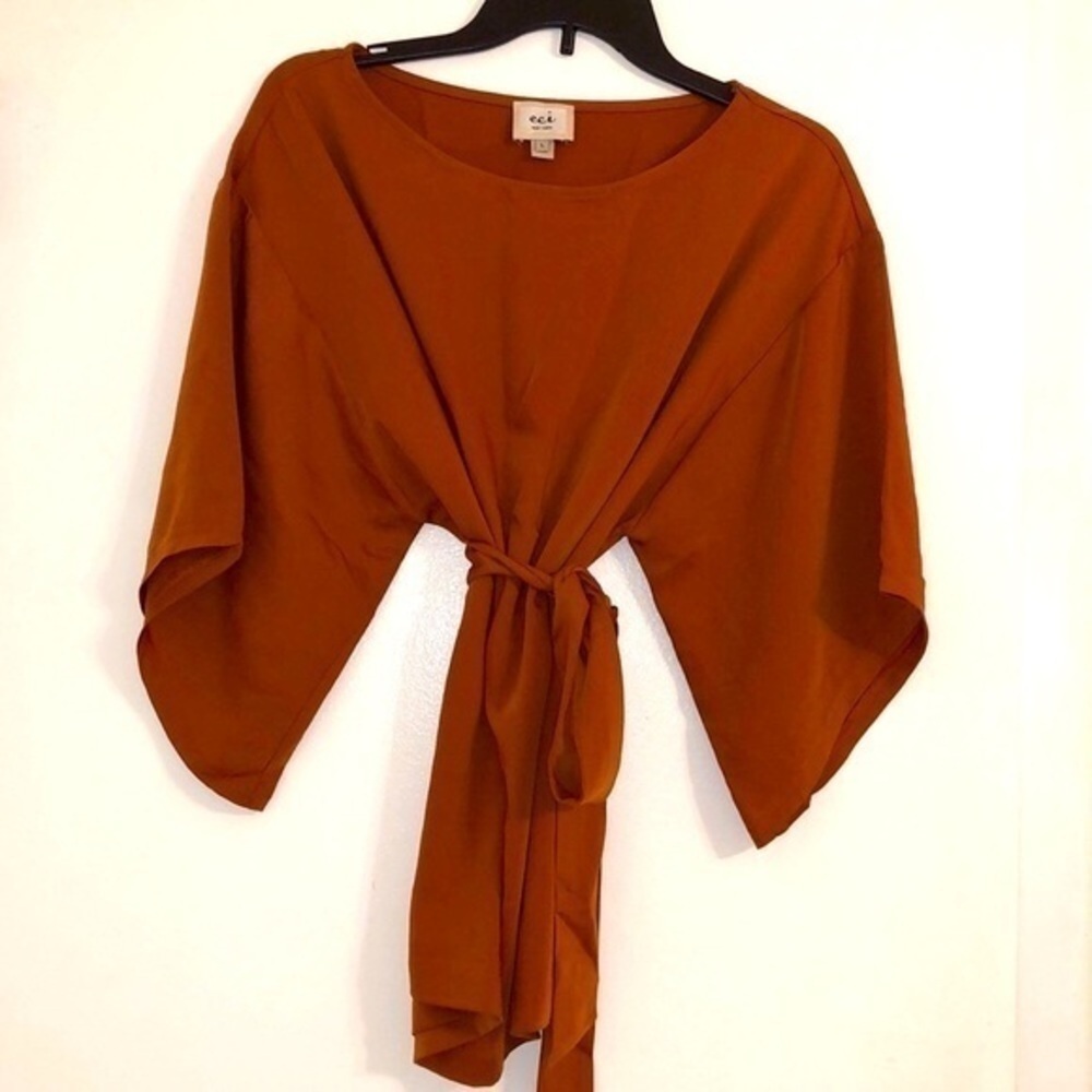 Eci Burnt Orange Tie Waist 3/4 sleeve long silky blouse size large - Picture 3 of 9